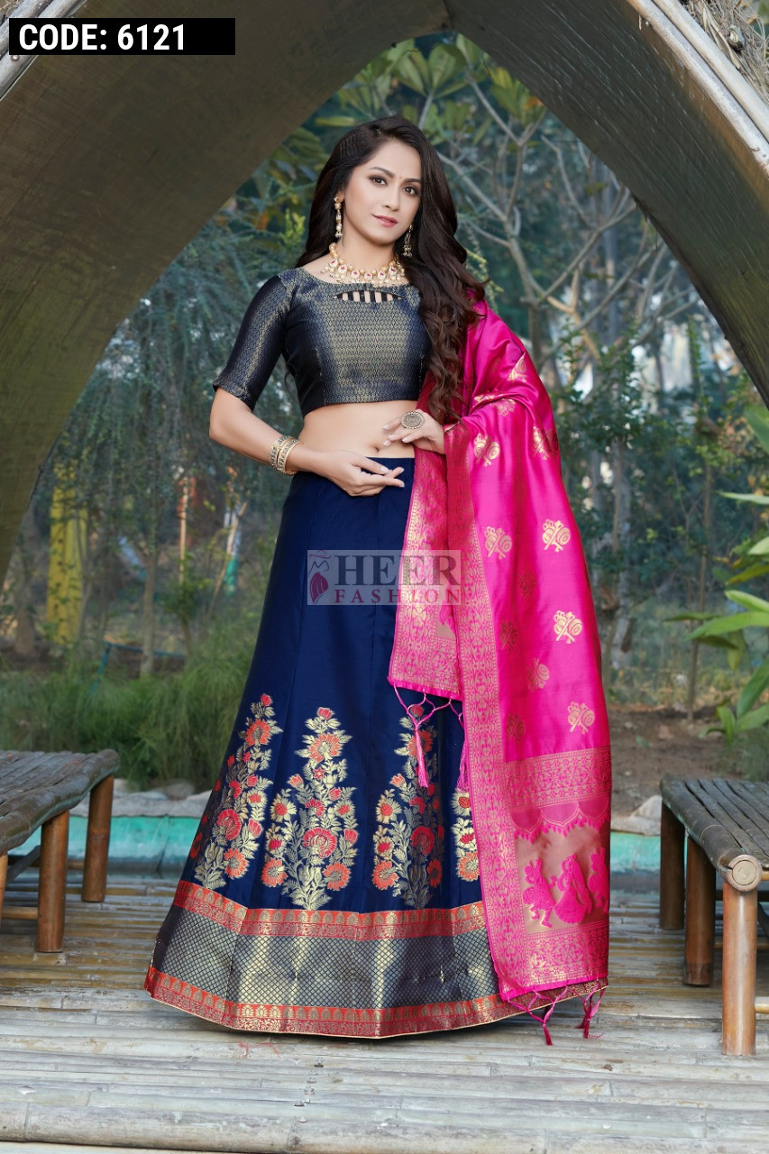 Navy blue and pink color banarasi brocade lehenga with banarasi