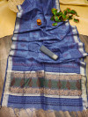 Blue color linen silk saree with temple woven border