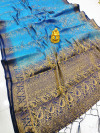 Firoji color muslin silk saree with zari woven work