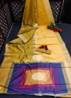 Yellow color pure linen saree with colorful temple woven zari border