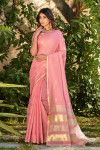 Pink color soft linen saree with zari weaving butti