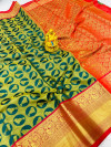 Dark green color kanchipuram silk saree with golden zari weaving work
