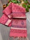 Dark pink color linen silk saree with temple woven border