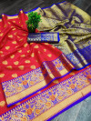 Red color banarasi silk saree with zari woven work