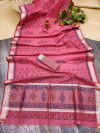 Dark pink color linen silk saree with temple woven border