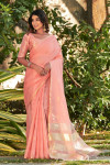 Peach color soft linen saree with zari weaving butti