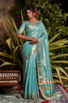 Sky blue color metallic linen saree with zari work