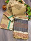 Beige color linen silk saree with temple woven border