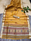 Mustard yellow color linen silk saree with temple woven border