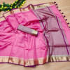 Pink color tussar silk saree with zari woven pallu
