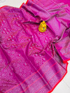 Rani pink color kanchipuram silk saree with silver zari weaving work