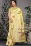 Light yellow color banarasi silk saree with zari weaving work