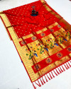 Red color soft paithani silk saree with golden zari woven work
