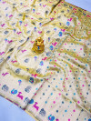 Cream color soft kanchipuram silk saree with golden zari weaving work
