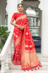 Red color soft banarasi silk saree with zari woven work