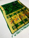 Green color soft paithani silk saree with golden zari woven work