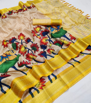 Multi color slub cotton saree with printed work