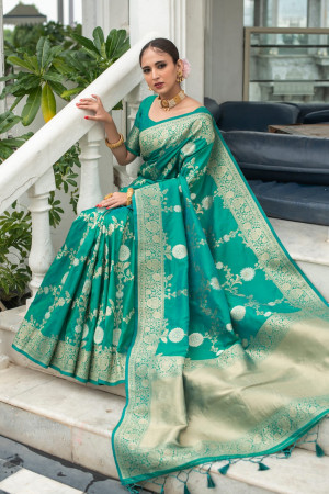 Rama green color soft banarasi silk saree with zari woven work