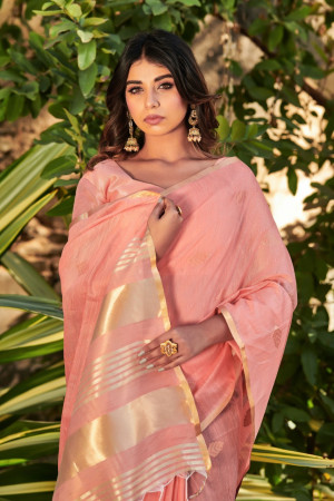 Peach color soft linen saree with zari weaving butti