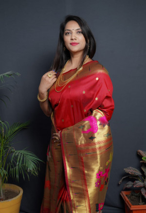 Red color paithani silk saree with golden zari weaving work