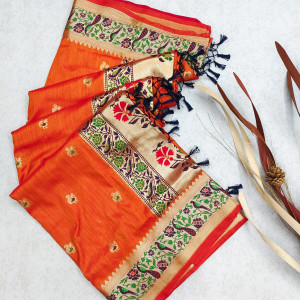 Orange color khicha silk saree with zari weaving work