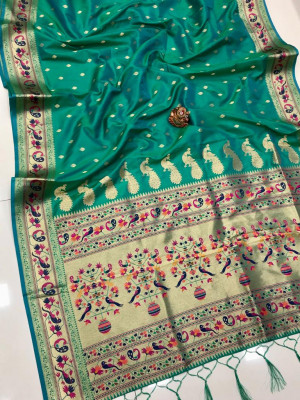 Rama green color soft paithani silk saree with zari woven work