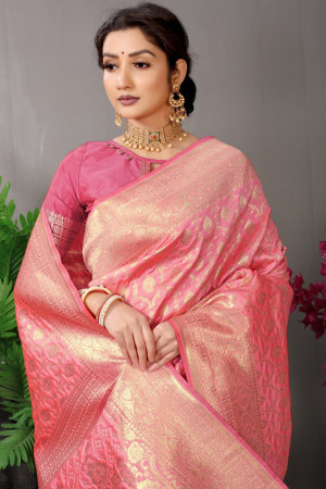 Baby pink color banarasi silk saree with golden zari weaving work