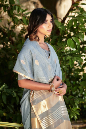 Gray color soft linen saree with zari weaving butti