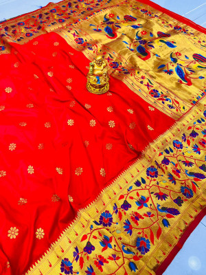 Red color paithani silk saree with golde zari weaving work
