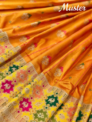 Mustard yellow color banarasi silk saree with rich pallu