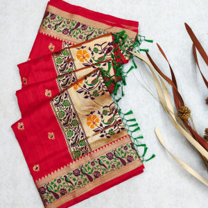 Red color khicha silk saree with zari weaving work