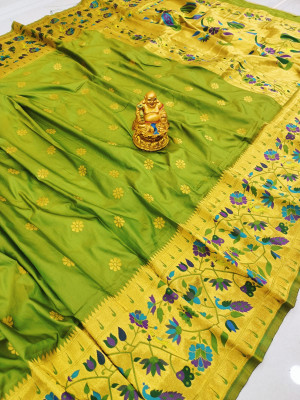 Parrot green color paithani silk saree with golde zari weaving work