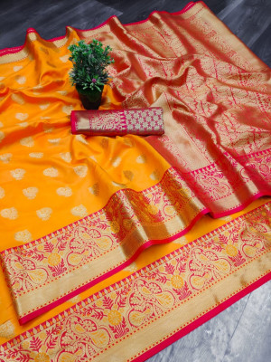 Orange color banarasi silk saree with zari woven work