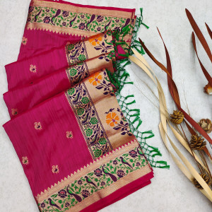 Pink color khicha silk saree with zari weaving work