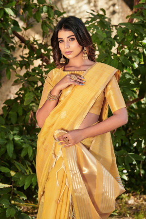 Yellow color soft linen saree with zari weaving butti
