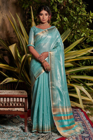 Sky blue color metallic linen saree with zari work