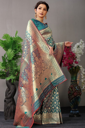 Rama green color banarasi silk saree with golden zari weaving work