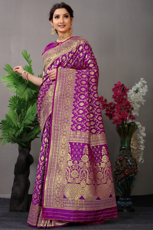 Purple color banarasi silk saree with zari weaving work