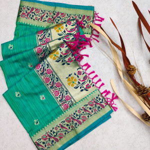 Rama green color khicha silk saree with zari weaving work
