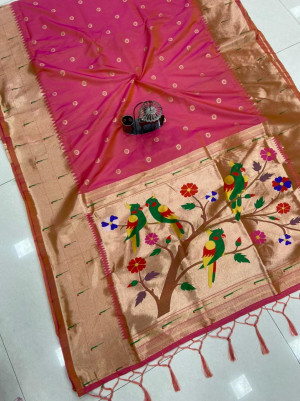 Peach color paithani silk saree with golden zari work