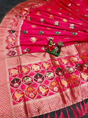 Gajari color soft banarasi silk saree with golden zari work