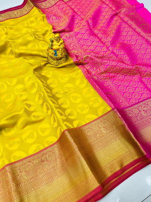 Yellow color kanchipuram silk saree with golden zari weaving work