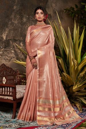 Peach color metallic linen saree with zari work