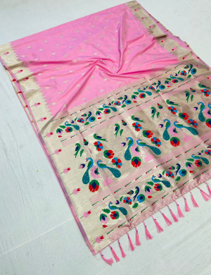Baby pink color paithani silk saree with zari work
