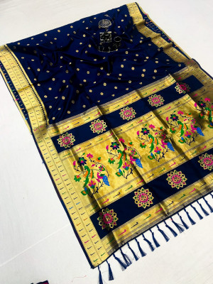 Navy blue color soft paithani silk saree with golden zari woven work
