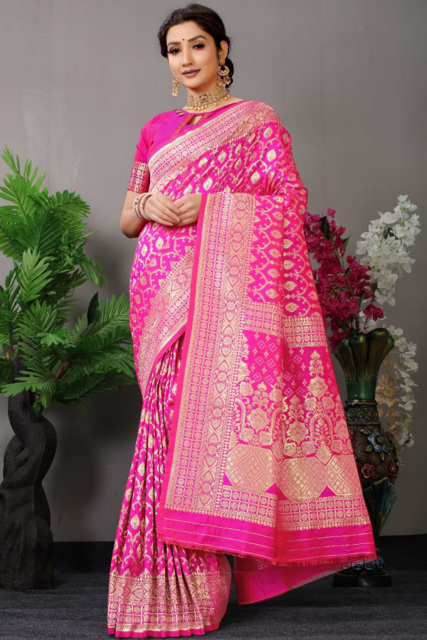 Rani pink color banarasi silk saree with golden zari weaving work