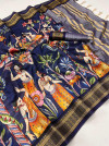 Navy blue color soft cotton silk saree with digital printed work