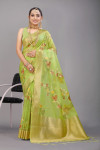 Parrot green color soft organza silk saree with woven design