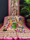 Beige color muslin silk saree with kalamkari printed work