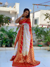 White and maroon color soft bandhej silk saree with zari weaving work